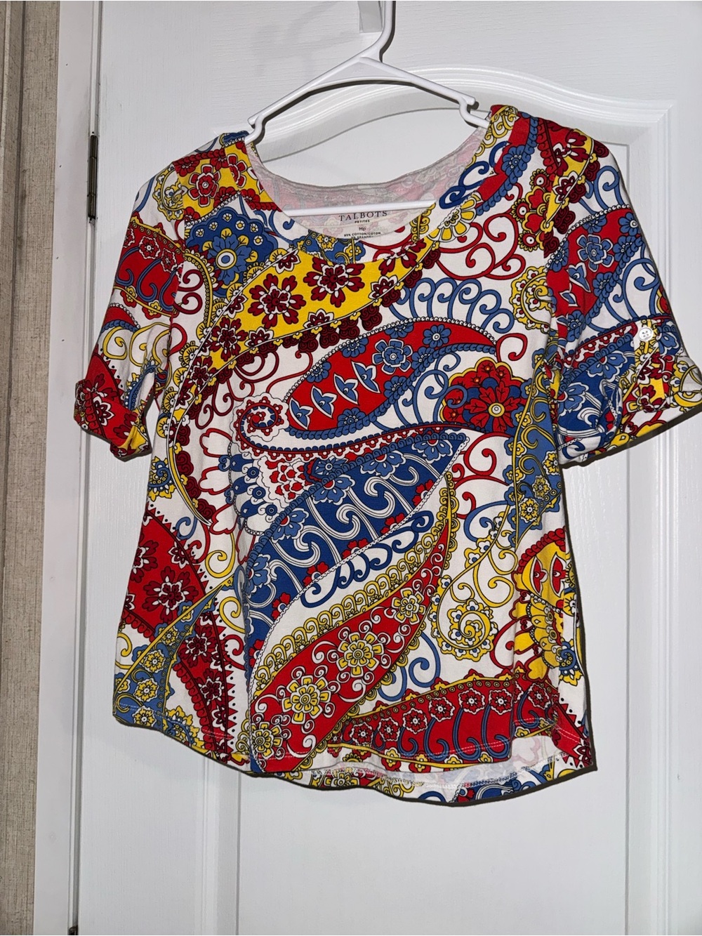 Talbots Short Sleeve Paisley Tee in Red, Blue & Yellow